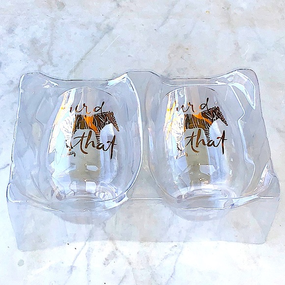 LILLY PULITZER STEMLESS WINE GLASSES SET TWO ZIBRA’S “HERD THAT” GOLD FOIL NIB - Picture 5 of 7